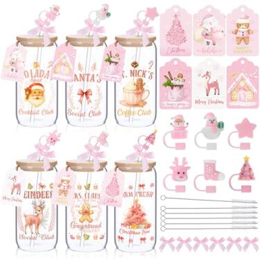 Imagem de Vesici 6 peças de copos de Natal de 473 ml copos de vidro de Natal com tampa canudo e rolha copo de cerveja em forma de lata presentes de agradecimento de Natal com cartões e laço para mulheres