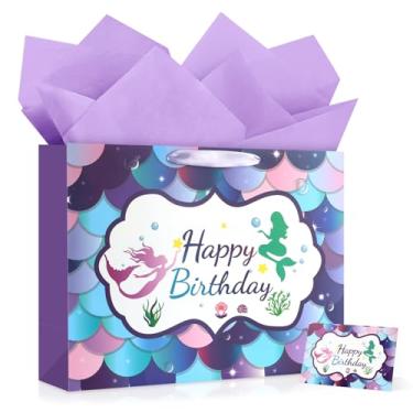 Imagem de YoungTree Bolsa grande de presente de feliz aniversário com papéis de seda e cartão comemorativo, sacos de presente de sereia de papel portátil com alças, sacolas roxas de presente para mulheres e