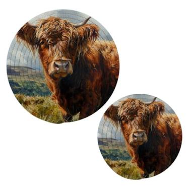 Imagem de Blueangle 2 peças de suporte de panela de vaca Highland - conjunto de pegadores de panela de tecido redondo - almofadas quentes trançadas de algodão - porta-copos - tapetes de mesa para cozinhar e