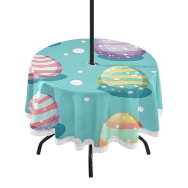 Imagem de Blueangle Toalha de mesa redonda impermeável com ovos coloridos de Páscoa de 152 cm com orifício para guarda-chuva - Tecido resistente à prova de sol para todos os climas para pátio, acampamento