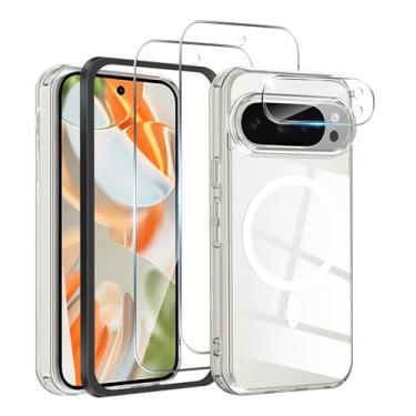 Imagem de Capa magnética para Google Pixel 9 Pro XL, com 2 protetores de tela e 1 protetor de lente de câmera, [não amarela] [militar à prova de choque] capa fina transparente traseira para celular Google Pixel