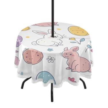 Imagem de Blueangle Toalha de mesa redonda impermeável com ovos de Páscoa e coelhos de 152 cm com orifício para guarda-chuva - Tecido resistente à prova de sol para todos os climas para pátio, acampamento