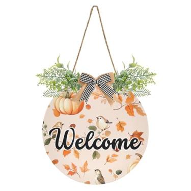 Imagem de SEHANY Guirlandas de outono para decoração de porta da frente, letreiro de boas-vindas de abóboras de madeira rústica para pendurar no dia de Ação de Graças para decoração de festas ao ar livre