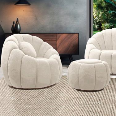 Imagem de Poltrona Decorativa Orgânica Giratória Com Puff Cloud Bouclê E03 - D'rossi Cor Bege