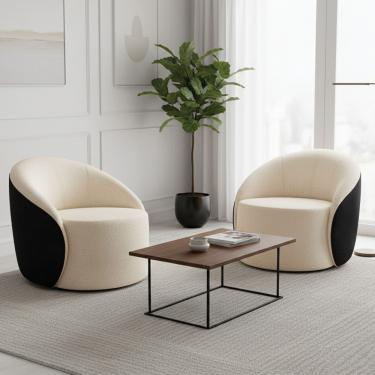 Imagem de Poltrona Sala Orgânica Kit 2 Lua Fixa Sintético Pu Preto/bouclê Bege D03 - D'rossi