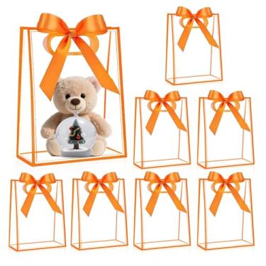 Imagem de Zeivvnef Pacote com 8 sacos de presente transparentes com alças 17 x 25 x 8 cm, sacos de plástico com fitas, sacolas reutilizáveis de presente de festa para aniversário, Natal e casamento (laranja)