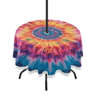 Imagem de CEBUGI Toalha de mesa redonda para uso externo, estampa tie-dye, impermeável, com furo Umberlla, capa de mesa lavável para pátio, cozinha, sala de jantar, 152 cm