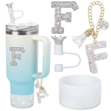 Imagem de LA KEN DU Berloques de letras para alça de copo Stanley, acessórios de bota de silicone para Stanley Cup 1,134 g 850 g, cobertura de palha de coroa e adesivo de diamante (F)