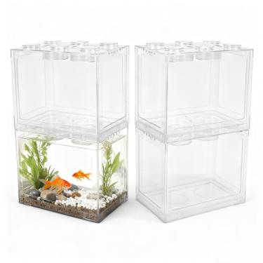 Imagem de JIABEIUS 4 peças de aquário pequeno Betta, mini aquário de 0,5 galão, aquário empilhável em cubos, tanque de mesa minúsculo para peixes pequenos, insetos, camarões, tartarugas, aranhas