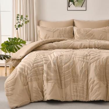 Imagem de FLYMME Conjunto de edredom Queen, floral, leve e adornado, com estampa de folha de palmeira botânica, 3 peças, 1 edredom de plantas tropicais naturais e 2 fronhas (cáqui, folha de palmeira)