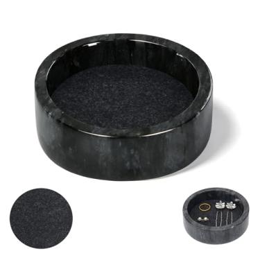 Imagem de NUOYIA Bandeja de mármore redonda pequena de 12 cm com almofada protetora de feltro, suporte de prato de anel de joias, bandejas decorativas de servir para cômoda, entrada, decoração de mesa (preto)