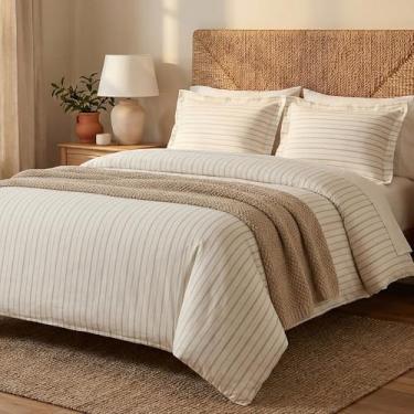 Imagem de Bioweaves Conjunto de capa de edredom casal/queen 100% algodão orgânico, 3 peças, trama de cetim de 300 fios, certificado GOTS com fecho de botão e 2 fronhas – listras de alfinete, 228 x 228 cm