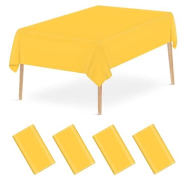 Imagem de Mulbozy Toalha de mesa descartável de plástico amarelo, pacote com 4, toalhas de mesa retangulares, 137 × 272 cm, capa de mesa de plástico amarelo para decoração de festa