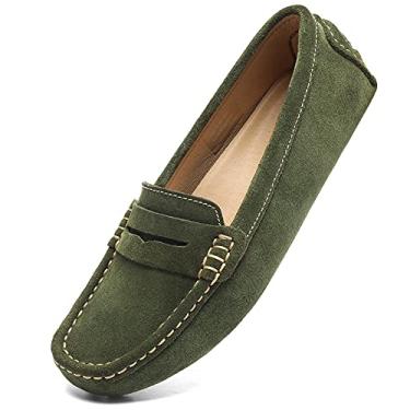 Imagem de Osslue Mocassins femininos casuais de couro de camurça, mocassins retrô femininos, mocassins para dirigir, confortáveis, sem cadarço, modernos, sapatos de barco clássicos, Verde militar, 4.5 UK