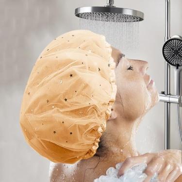 Imagem de 1 touca de banho impermeável padrão estrela camada dupla moda reutilizável chapéu de banho cozinha chapéus à prova de óleo, 26 cm de diâmetro (ouro)