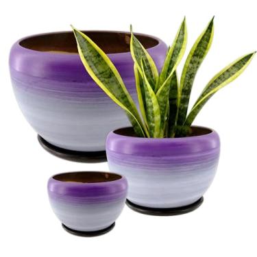 Imagem de JBESUHI Conjunto de 3 vasos de flores roxos de cerâmica - vasos redondos de 19 cm com orifícios de drenagem e pires, vasos de suculentas/ervas/cactos para jardinagem interna e externa