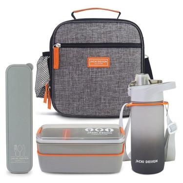 Imagem de Kit Bolsa Térmica Pote Marmita 750ml Garrafa 550ml E Porta Talheres Vibe Cinza