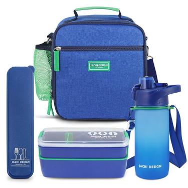 Imagem de Kit Bolsa Térmica Pote Marmita 750ml Garrafa 550ml E Porta Talheres Vibe Azul