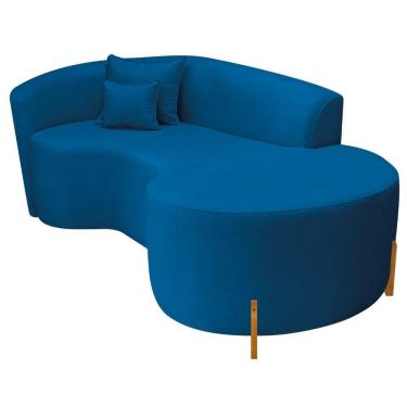 Imagem de Divã Recamier Curvo Sala De Estar Recepção Inglaterra 150cm Pés Madeira Lado Direito Linho Azul Royal