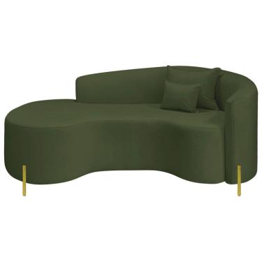 Imagem de Divã Recamier Curvo Sala De Estar Recepção Inglaterra 180cm Pés Metal Dourado Lado Esquerdo Linho Verde
