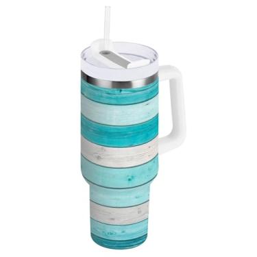 Imagem de Copos com isolamento duplo de 850 g com alça e tampa de palha, copos isolados de viagem de madeira azul-petróleo listrados