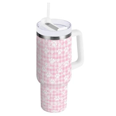 Imagem de Copos com isolamento duplo de 1,134 g com canudo e alça, copo de café de viagem rosa pata xadrez