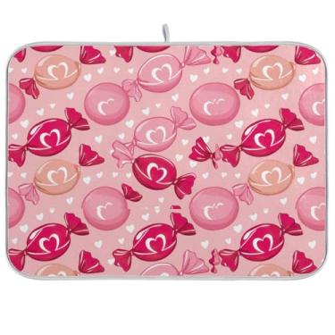 Imagem de Tapetes de secagem de pratos rosa coração doce 45,7 cm x 61 cm, tapete de drenagem reversível para café, protetor de bancada de cozinha