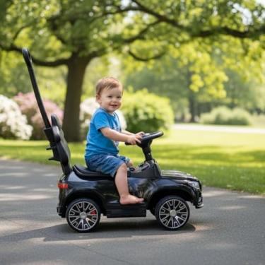 Imagem de Carrinho Elétrico Infantil com Empurrador e Controle Remoto, 6V, Preto, 3+ Anos, Até 25kg, 61x30x83cm