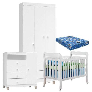 Imagem de Quarto De Bebê 3 Portas Ternura Baby Com Berço Lila Branco Brilho Com Colchão Para Berço Americano - Incorplac