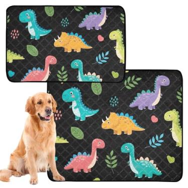 Imagem de TSENQUE Almofadas fofas coloridas de dinossauros com folhas pretas laváveis para animais de estimação, almofadas reutilizáveis para gatos, almofadas absorventes à prova d'água para cercadinho para