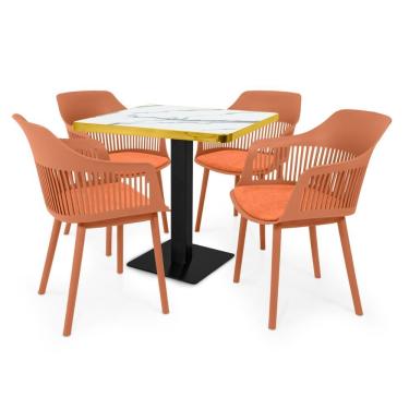 Imagem de Conjunto Mesa De Jantar Quadrada Venezia 70x70cm Branca Com 4 Cadeiras Estofadas Marcela - Marrom
