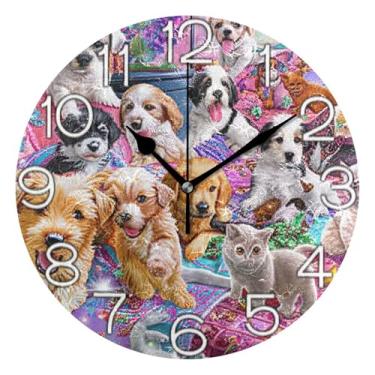 Imagem de GAIGEO Relógio de parede analógico decorativo quarto cozinha relógio redondo sem tique-taque silencioso, decoração de parede de meados do século sala de estar filhotes fofos coloridos cachorrinhos