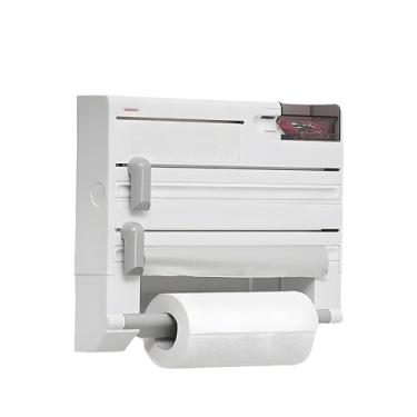 Imagem de Dispensador de plástico com cortador, suporte de toalha de papel de cozinha montado na parede com cortador 3 em 1 suporte de papel de cera para filme plástico, folha de alumínio, papel manteiga.