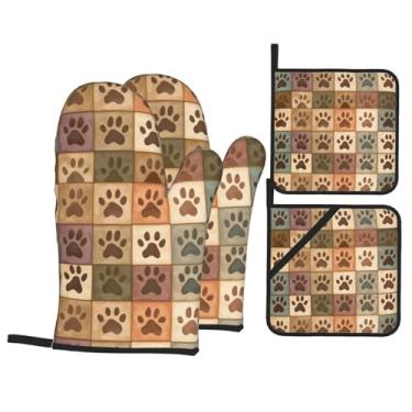 Imagem de Conjunto de 4 peças de luvas de forno e suporte de panela florais para forno e almofadas quentes para acessórios de cozinha de fazenda e decoração (patas de cachorro e gato)