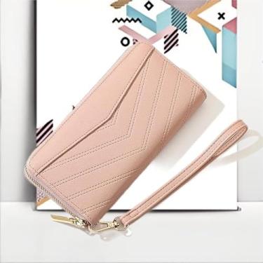 Imagem de Carteira feminina PU bolsa com zíper ao redor carteira clutch bolsa de pulso bolsa longa para mulheres - rosa claro