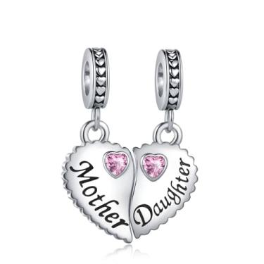 Imagem de Pingente de coração de mãe e filha de zircônia rosa dividível serve para pulseiras Pandora berloques de Natal, aniversário, joias de presente para mulheres, mãe, família, amor