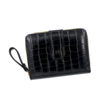 Imagem de Carteira feminina de couro genuíno com dobra dupla/tripla - Suporte minimalista para cartão de crédito com bloqueio de RFID e bolso para moedas, Preto, Casual