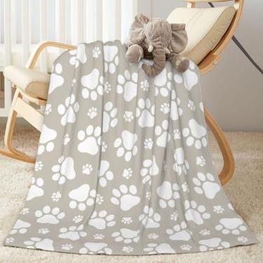 Imagem de Lukbfall Cobertor de lã ultra macio com patas de cachorro fofo bege para sofá, sofá, acampamento, viagem, leve e quente, pegada de animal, cobertor de cama para todas as estações, decoração de casa