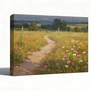 Imagem de Arte de parede em tela de paisagem de campo de flores, pintura a óleo de prado de flores silvestres para decoração de sala de estar ou quarto, arte da natureza do campo, 20 x 25 cm
