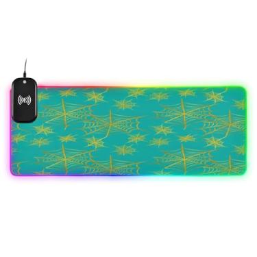Imagem de CEBUGI Golden Webs Mouse Pad de carregamento sem fio 15 W rápido para jogos com 14 iluminação LED RGB para jogos, PC, laptop, mesa de 80 x 30 cm