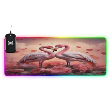 Imagem de CEBUGI Mouse pad de carregamento sem fio Flamingo 15 W rápido para jogos com iluminação LED 14 RGB para jogos, PC, laptop, mesa 90,9 x 39,9 cm