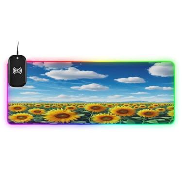 Imagem de CEBUGI Mouse pad de carregamento sem fio Sunflower Field 15 W rápido para jogos com iluminação LED 14 RGB para jogos, PC, laptop, mesa 80 x 30 cm