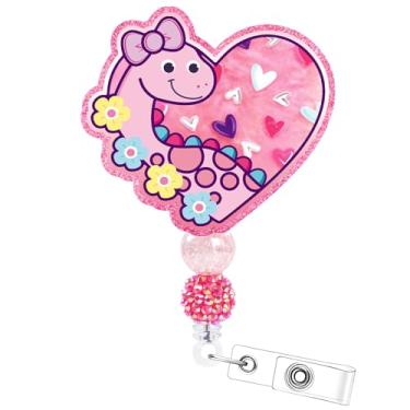 Imagem de Carretel retrátil para crachá de Dia dos Namorados - Suporte de crachá de dinossauro de coração cosmisun com clipe jacaré engraçado porta-crachá de identificação de Dia dos Namorados Clipe de carretel