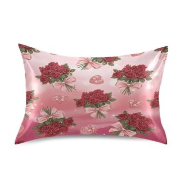 Imagem de Blueangle Fronha de cetim refrescante para cabelo e pele, capa de almofada de rosas vermelhas dos namorados, tamanho padrão 51 x 66 cm com fecho de envelope (606)