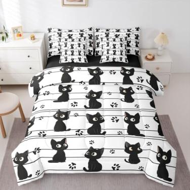Imagem de Erosebridal Conjunto de edredom infantil de gato preto Queen para meninos e meninas - Cama fofa de gatos pretos em uma bolsa com lençol de cima e lençol de elástico com desenho animado de gatos