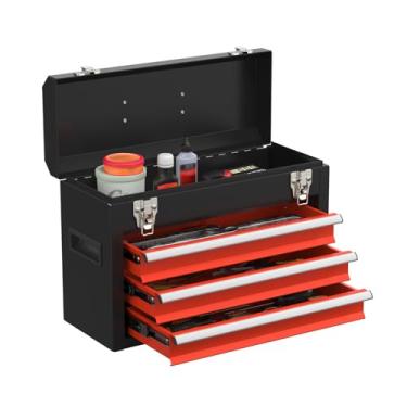 Imagem de SGHATAJ Caixa de ferramentas de metal portátil com gavetas, caixa de ferramentas com fechos EVC, baú de ferramentas resistente com revestimento em pó para garagem, escritório e casa (vermelho)