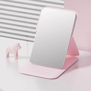 Imagem de Espelho de maquiagem dobrável portátil - Mini espelho compacto minimalista, viagem de alta definição para retoques e uso no dormitório (rosa)