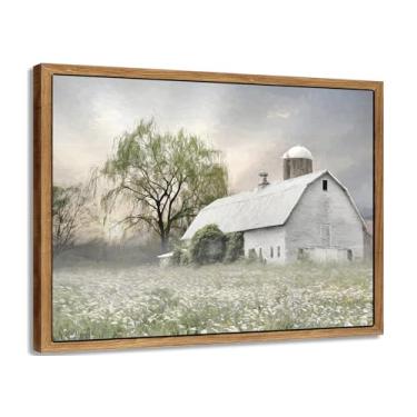 Imagem de Arte de parede em tela rústica emoldurada para casa de fazenda, imagem de celeiro branco, decoração de parede, paisagem, paisagem, fazenda, flores silvestres, pintura macia de salgueiro para quarto