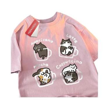 Imagem de Camiseta de Algodão Puro com Estampa de Gato e Flores - Manga Curta - 