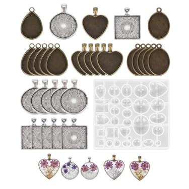 Imagem de Eowppue Resin Jewelry Molds with 30 Metal Pendant Trays and 1 Silicone Casting Mold Heart Teardrop Round Oval Square Shapes for DIY Earrings Necklace Bracelet Handmade Craft Gift
